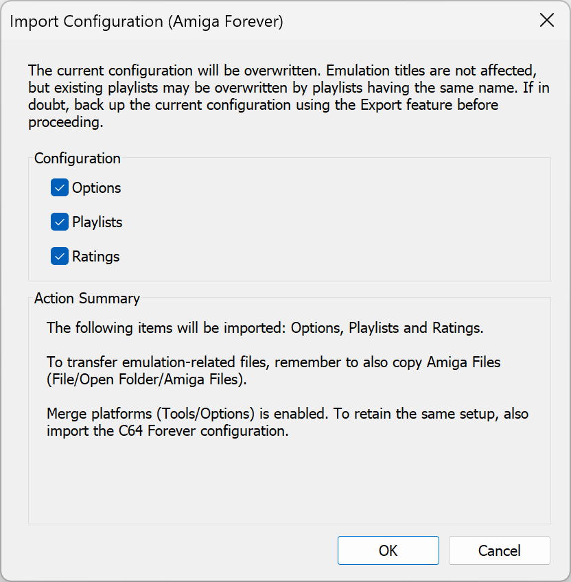Amiga Forever player - Import Configuration dialog